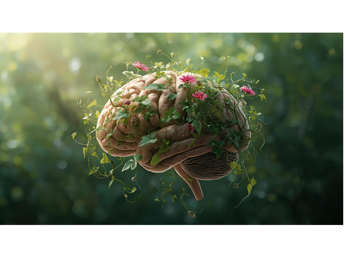 Ilustrace mozku s rostlinnými motivy symbolizující růst a propojení